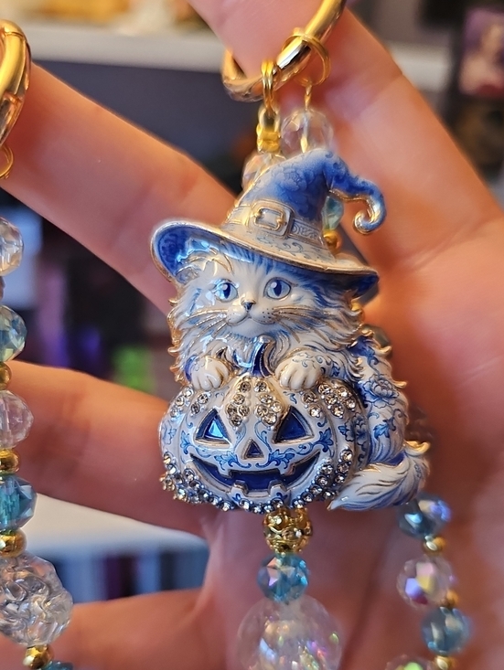 Accessories - Blue Crystal Cat Witch Pumpkin Keychain - Purse Charm